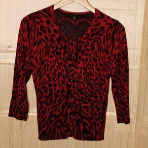 White House Black Market Red Black Animal Print Cardigan Sweater Small